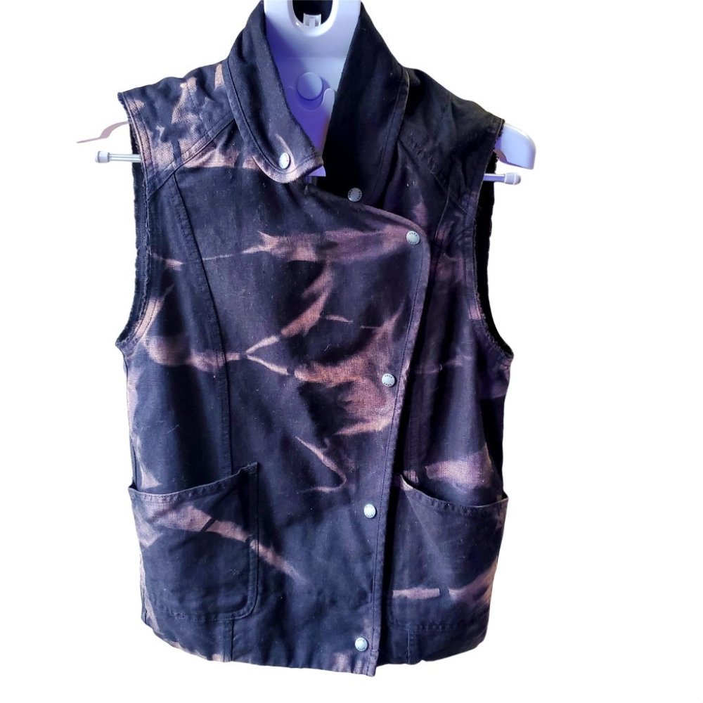 Aritzia WILFRED FREE Black Tie Dye Linen Cotton Oversized Moto Vest Jacket, XXS